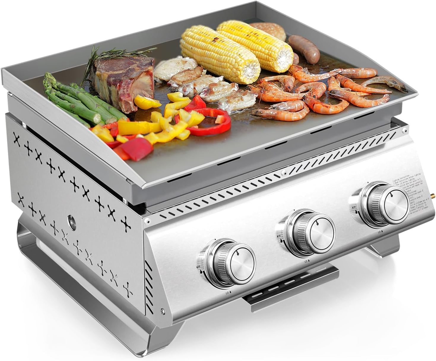 24 Inch 3 Burner Propane Gas Griddle 304 Stainless Steel 24000 BTU Flat Top Grill Grate