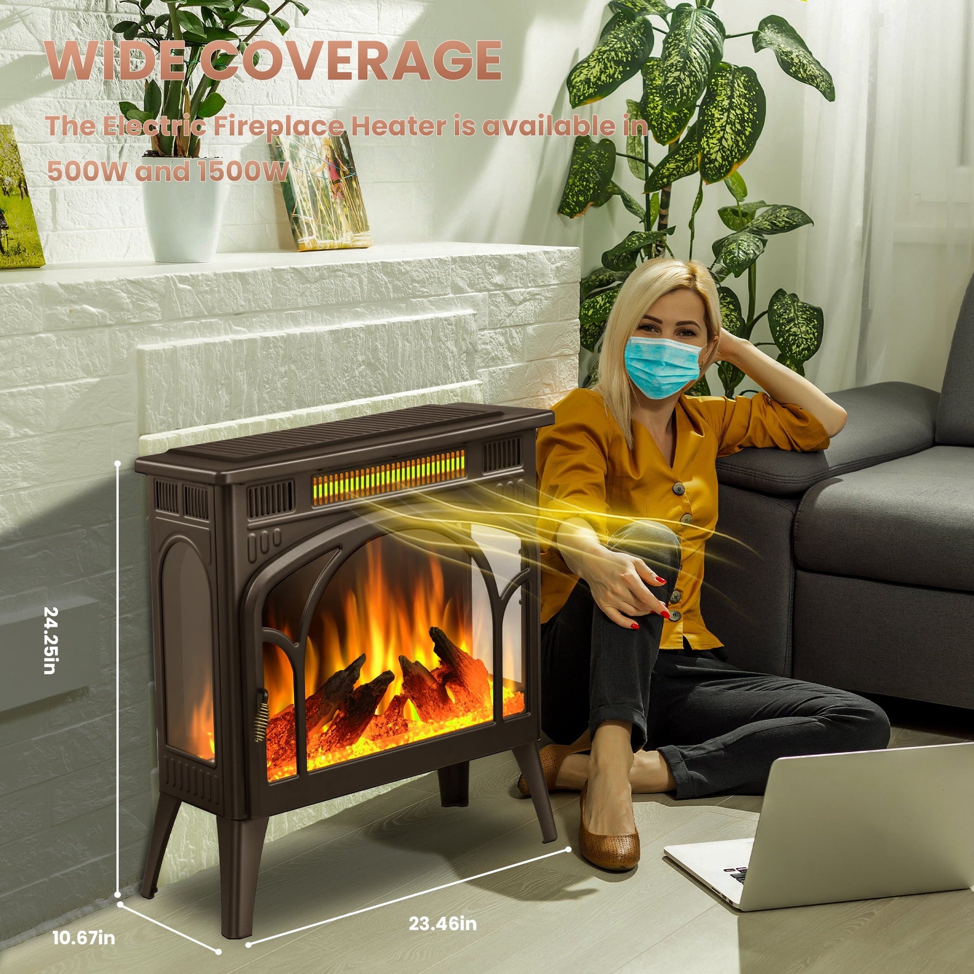 R.W.FLAME Electric Fireplace Heater 25" with 3D Realistic Flame Effect, Freestanding Fireplace, Different Flame Color, 500W/1500W,- Black R.W.FLAME