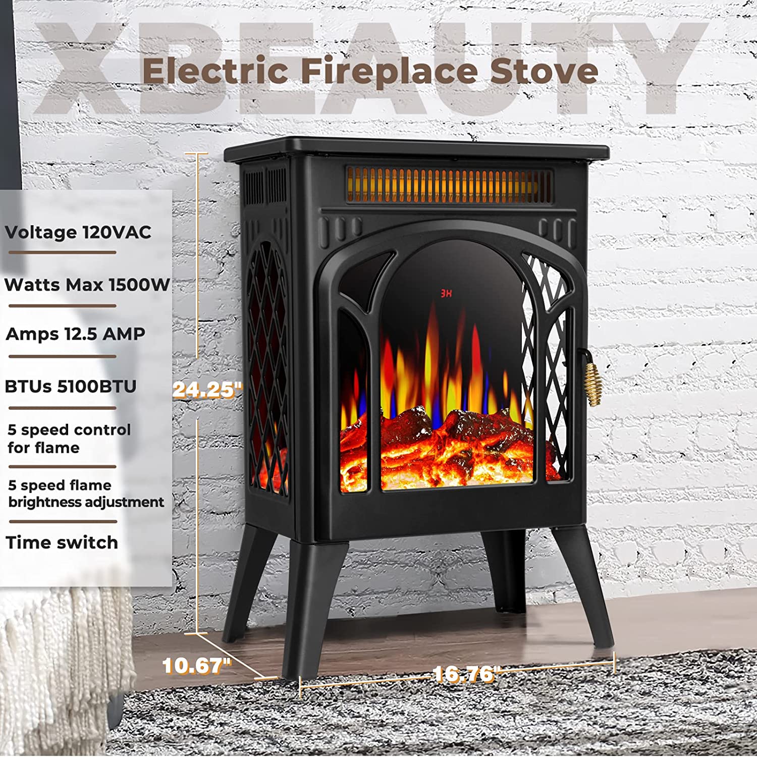 R.W.FLAME 16 Inch Electric Fireplace, Freestanding Fireplace Stove with 3D Flame Effect with Remote