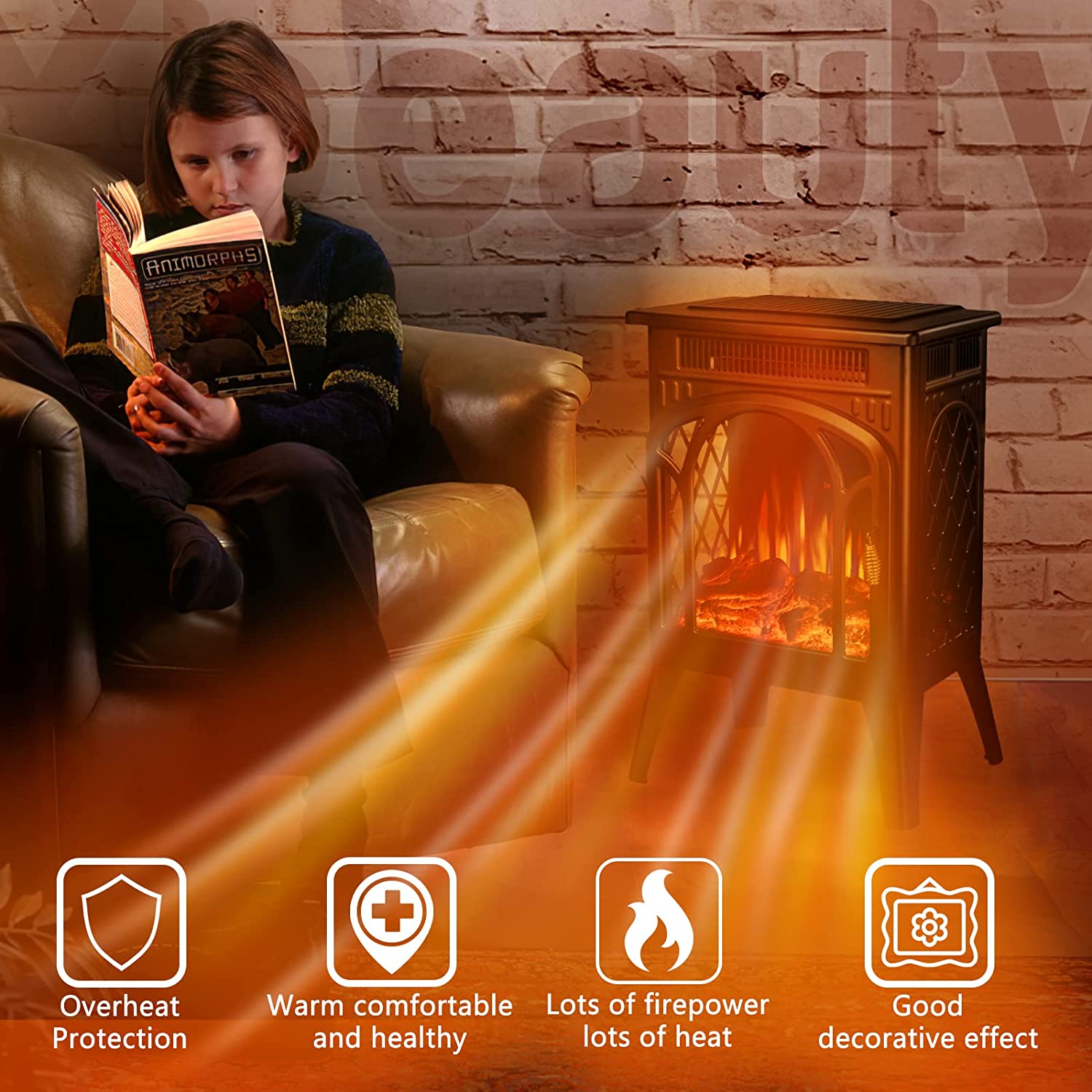 R.W.FLAME 16 Inch Electric Fireplace, Freestanding Fireplace Stove with 3D Flame Effect with Remote