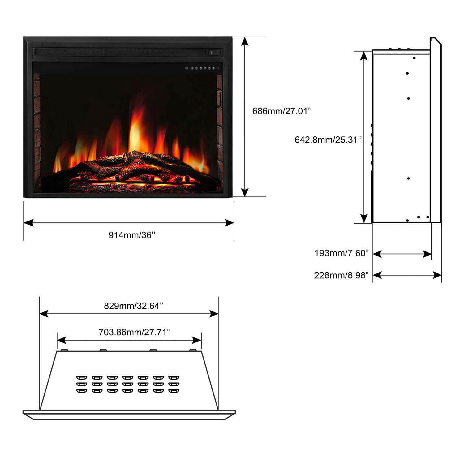 R.W.FLAME 36/39" Freestanding & Recessed Electric Fireplace Insert, 750W-1500W