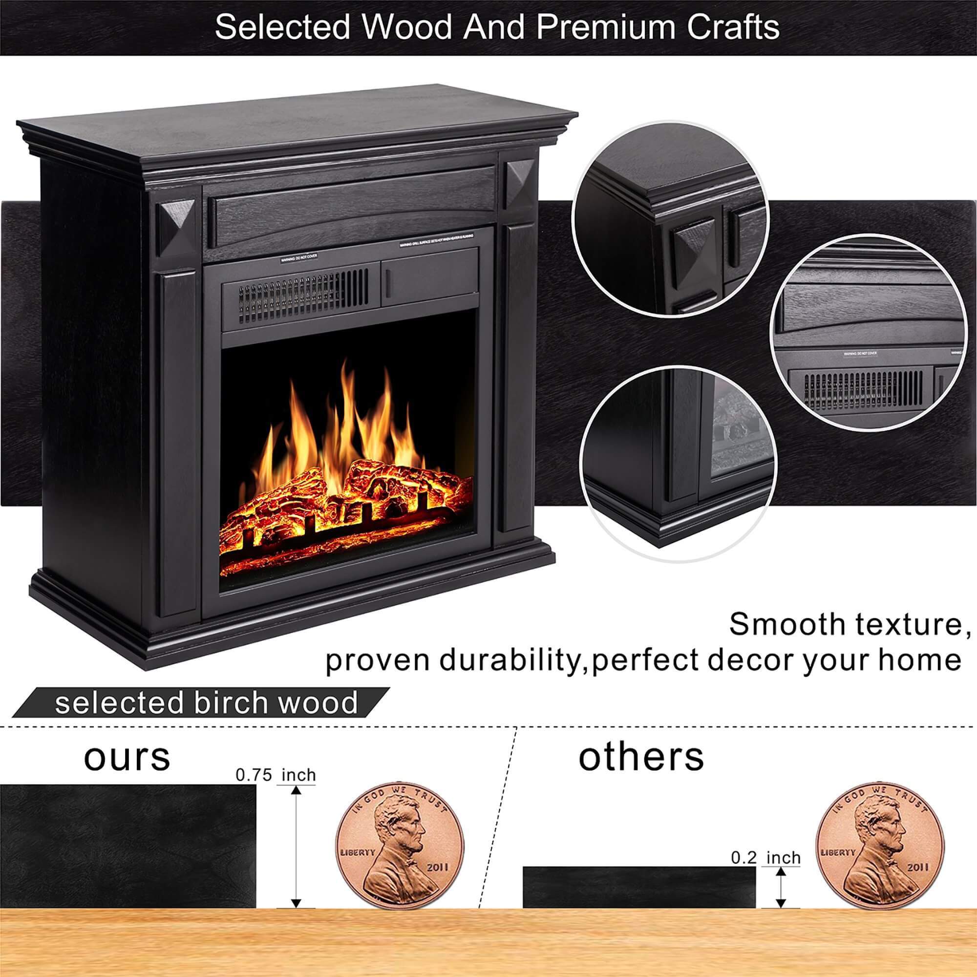 R.W.FLAME  27" Electric Fireplace Mantel Wooden Surround Firebox, Remote Control (Black)