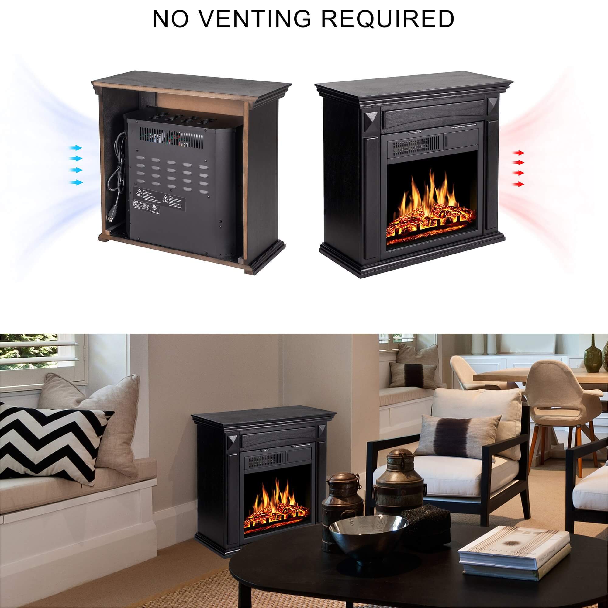 R.W.FLAME  27" Electric Fireplace Mantel Wooden Surround Firebox, Remote Control (Black)