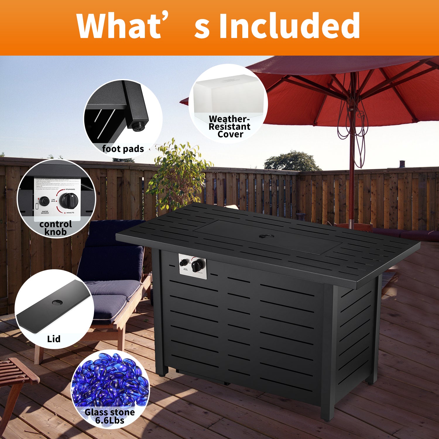 R.W.FLAME 43 Inch Outdoor Propane Gas Fire Pit Table, 2 in 1 with Glass Cover