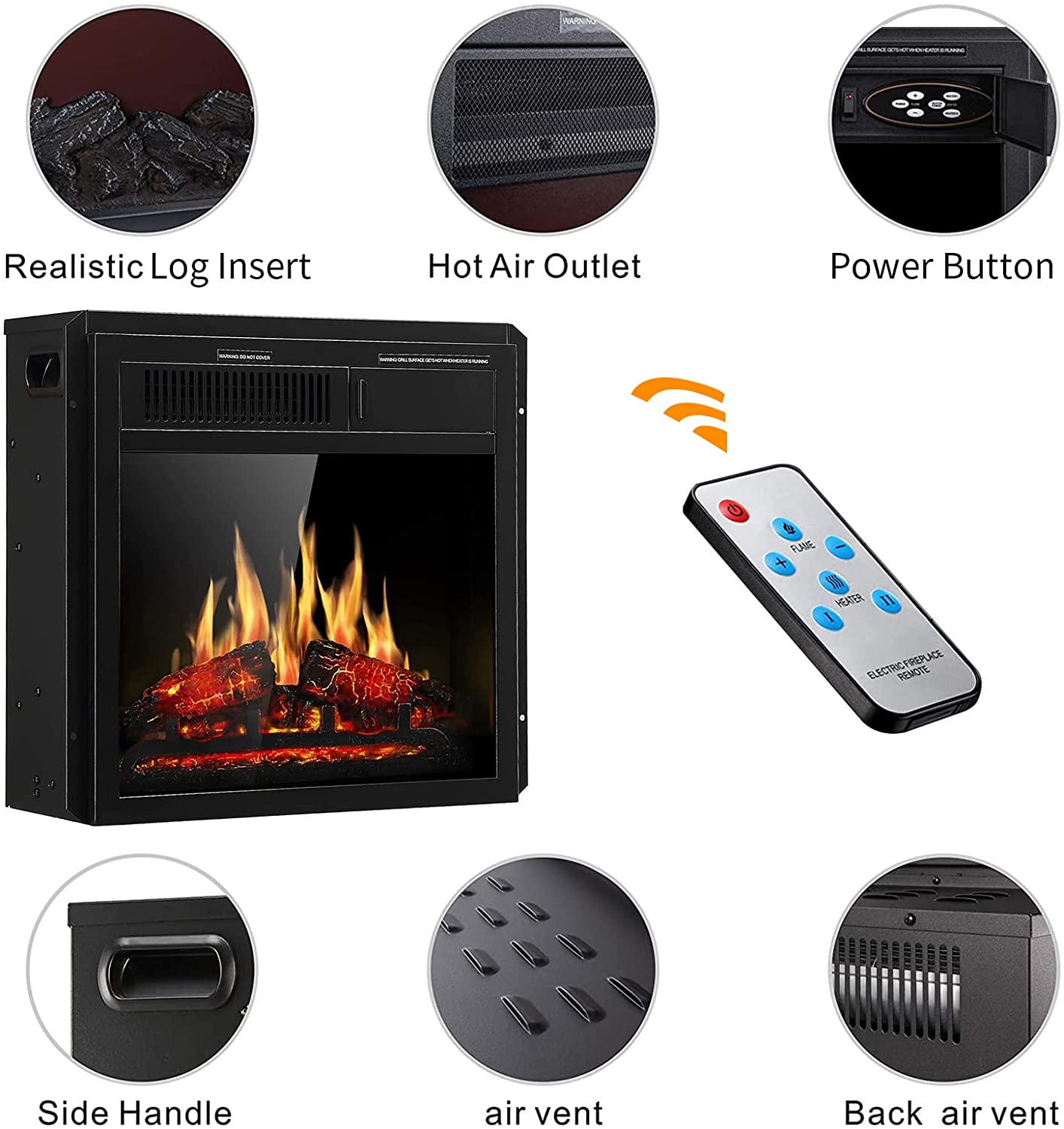 R.W.FLAME 20" Electric Fireplace Insert, 7 Flame Brightness Settings, 2 Power Setting 750W/1500W (Black)