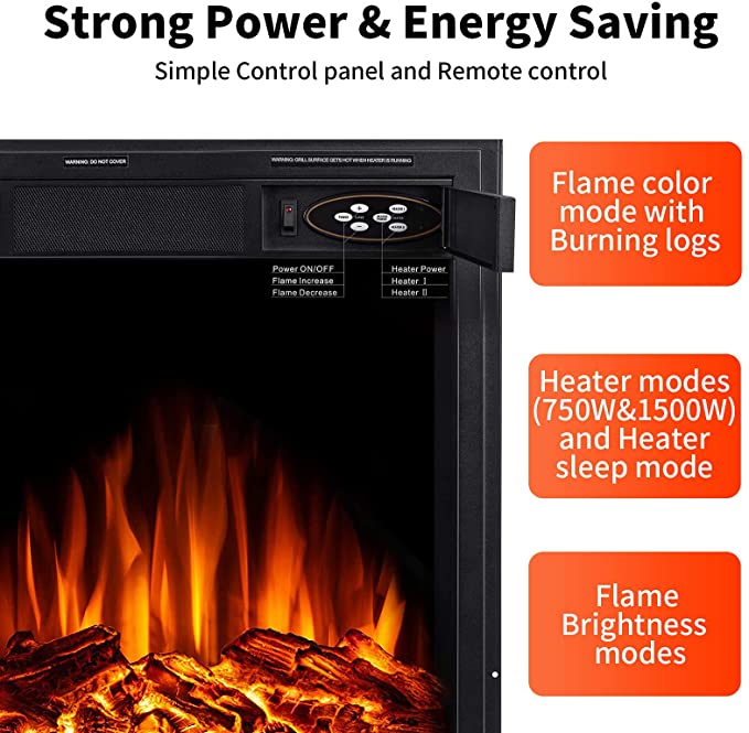R.W.FLAME 22" Electric Fireplace Insert,7 Flame Brightness Settings, 2 Power Setting 750W/1500W (Black)
