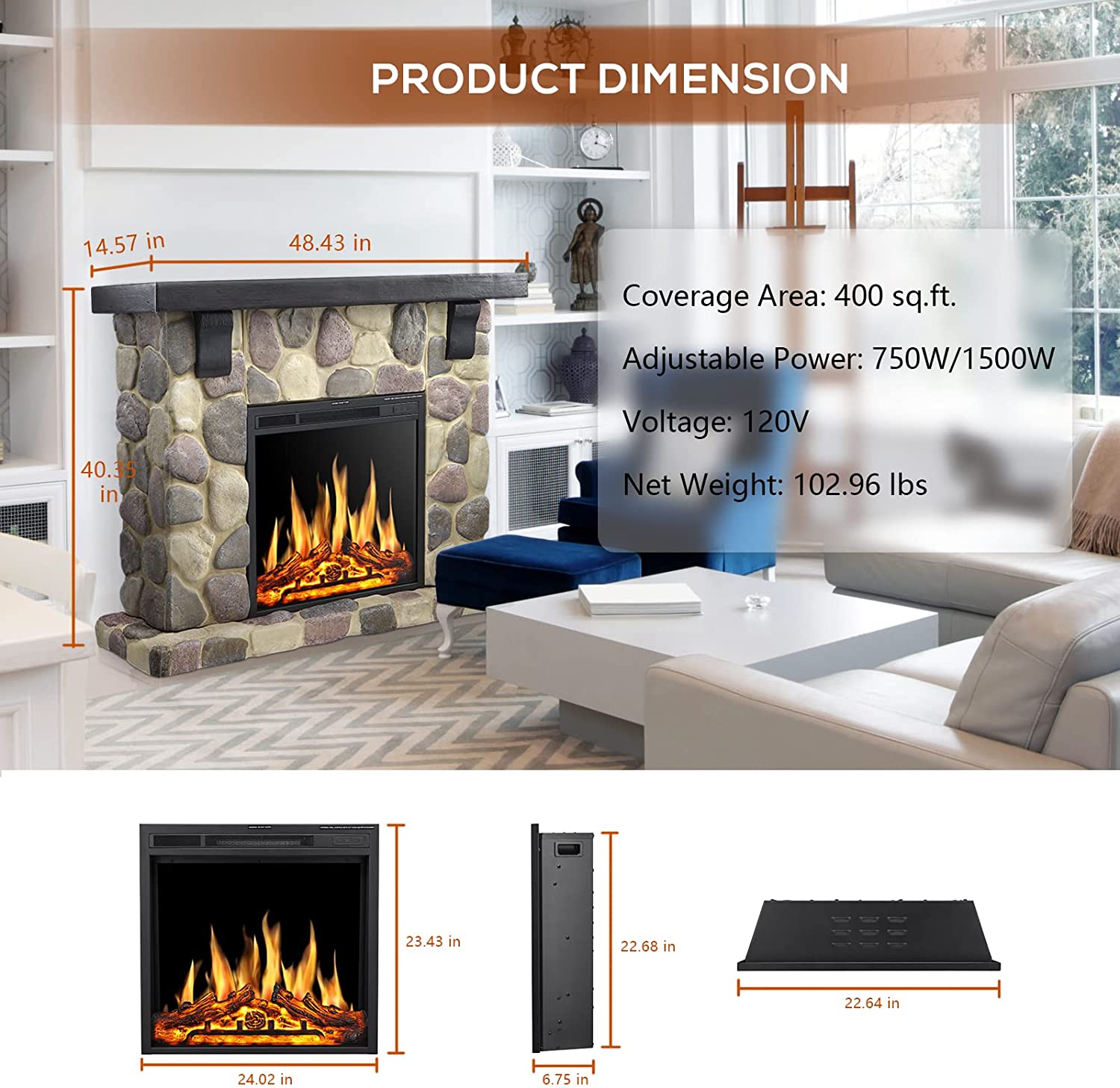 R.W.FLAME Electric Fireplace Mantel Package, 48 inch Freestanding Stone Heater TV Stand with Remote Control, 7 Flame Brightness Settings R.W.FLAME