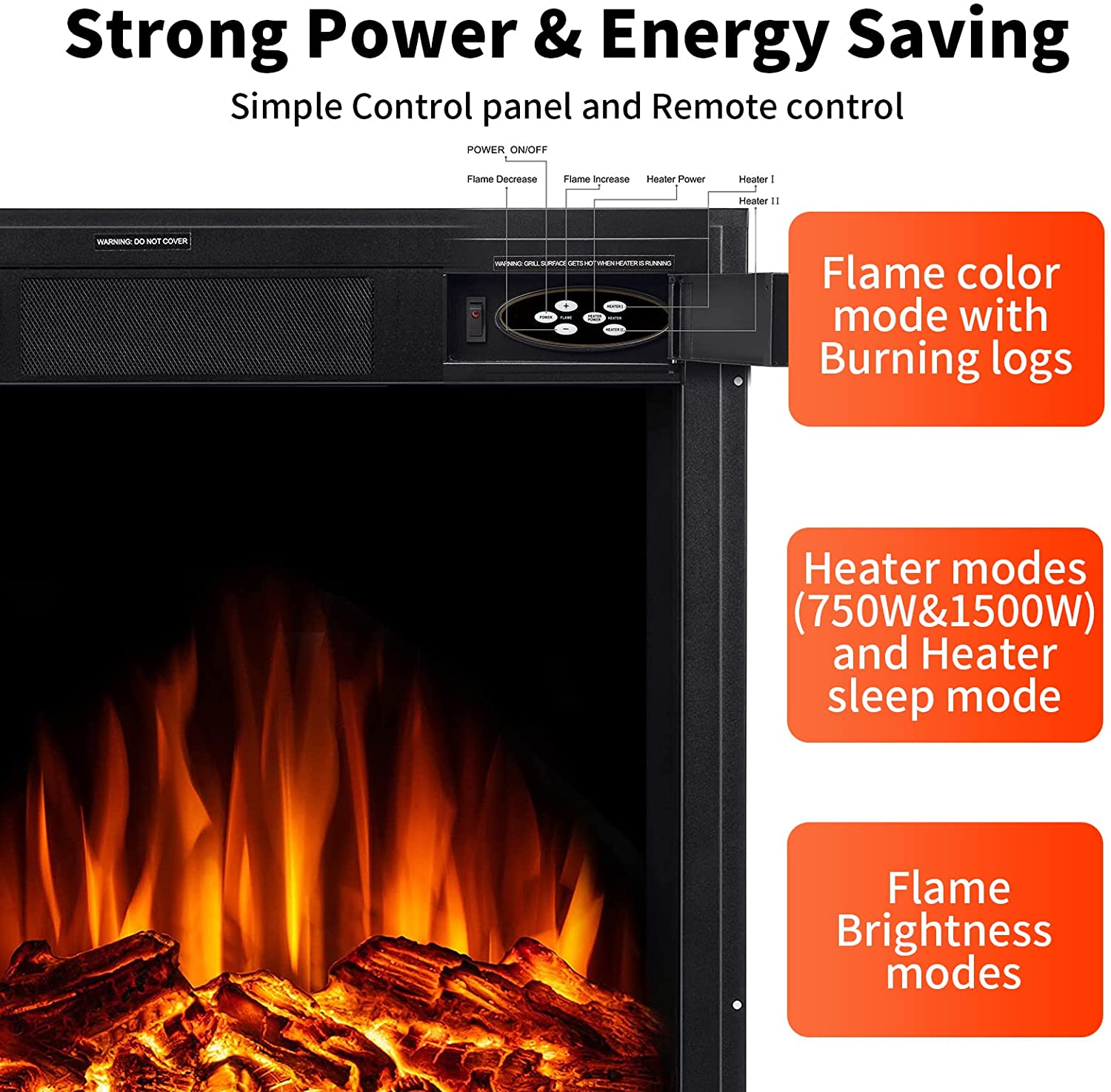 R.W.FLAME 20" Electric Fireplace Insert, 7 Flame Brightness Settings, 2 Power Setting 750W/1500W (Black) R.W.FLAME