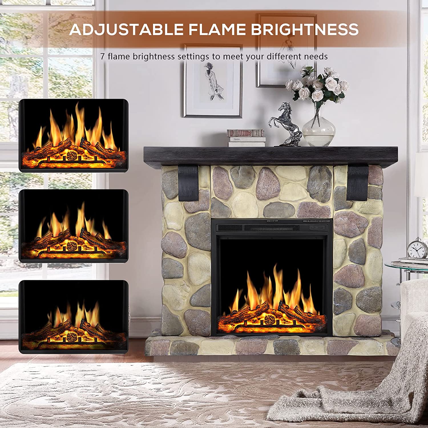 R.W.FLAME Electric Fireplace Mantel Package, 48 inch Freestanding Stone Heater TV Stand with Remote Control, 7 Flame Brightness Settings R.W.FLAME