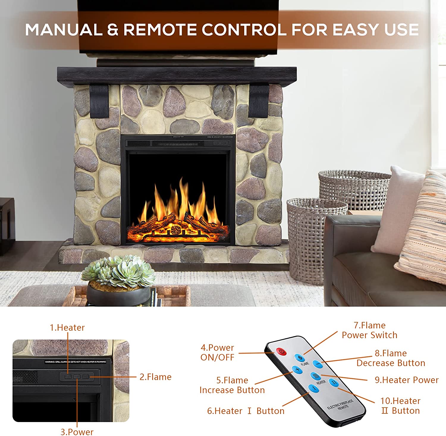 R.W.FLAME Electric Fireplace Mantel Package, 48 inch Freestanding Stone Heater TV Stand with Remote Control, 7 Flame Brightness Settings R.W.FLAME