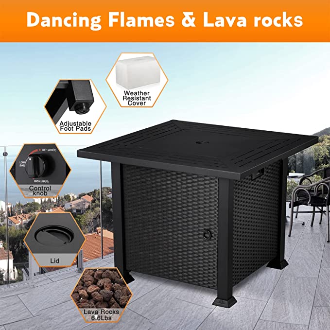 R.W.FLAME 32inch Rattan Propane Fire Pit Table, 50000 BTU