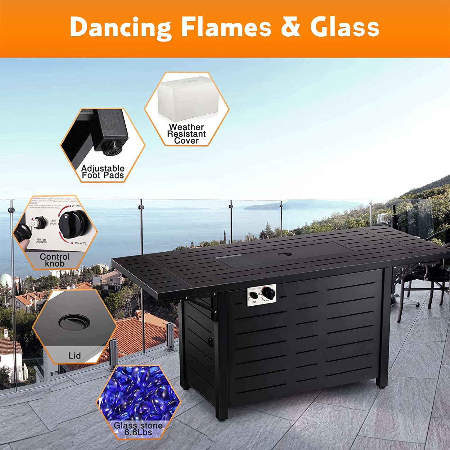 EmberEdge 55- Smooth Panel_R.W.FLAME Propane Fire Pit Table 54in Foldable,50000 BTU