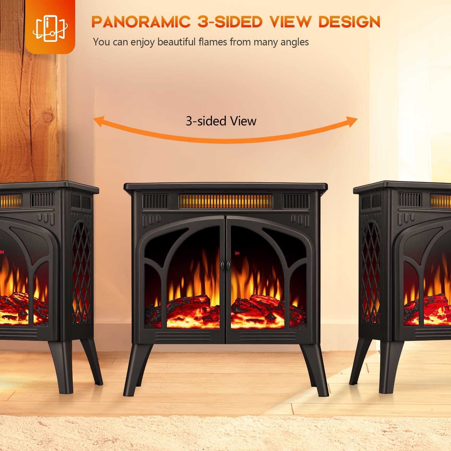 R.W.FLAME 24 Inch Electric Fireplace Stove Heater 1500W Infrared Fireplace Stove w/ 3D Realistic Flame
