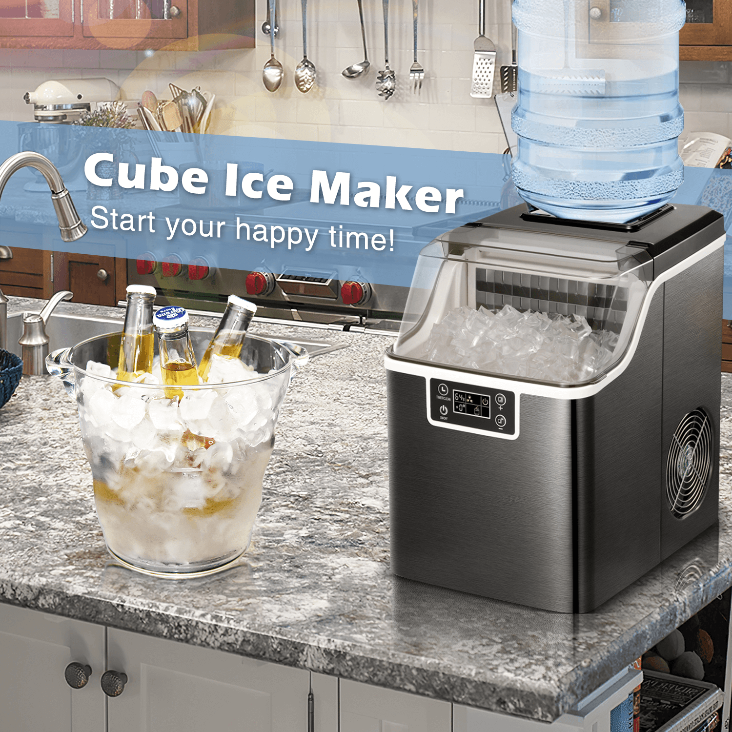 Countertop Ice Maker Machine, Portable Compact Ice Cube Maker - 14.96D x 13.86W x 9.84H - Black