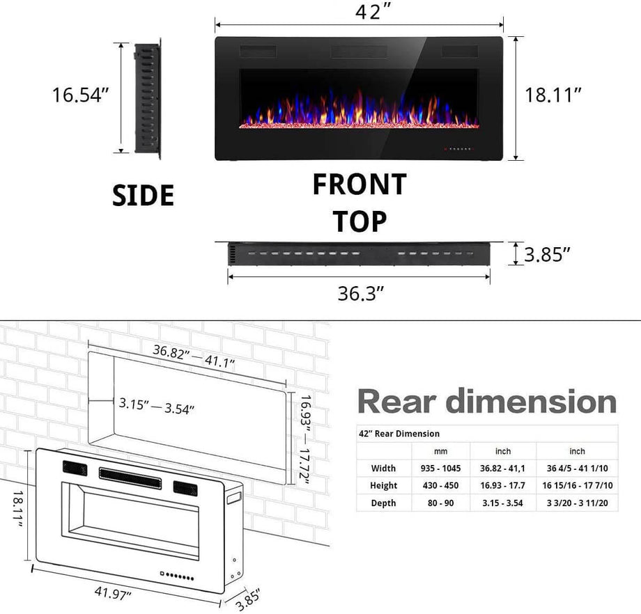 R.W.FLAME 42 Recessed Electric Fireplace Heater, 750W-1500W